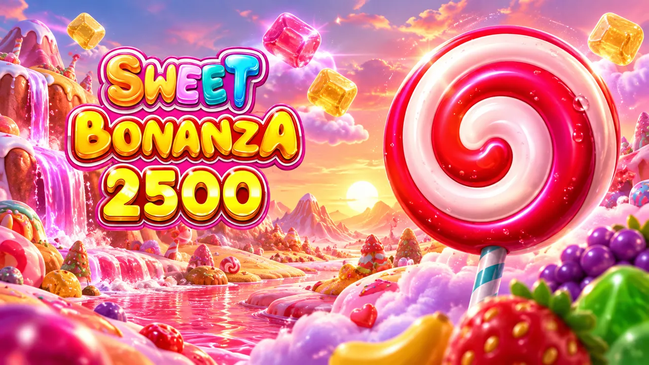 Sweet Bonanza 2500 candy landscape with a spiral lollipop