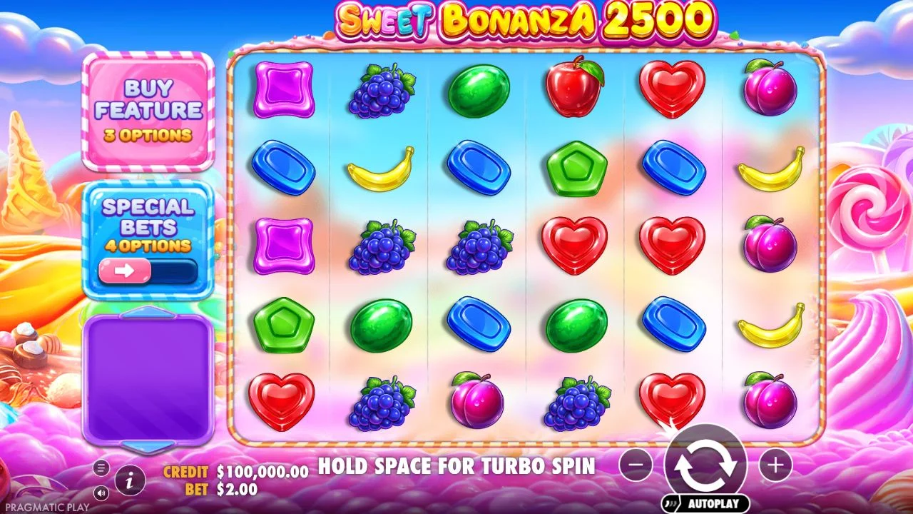 Sweet Bonanza 2500 demo: six columns and five rows of fruit and candy symbols