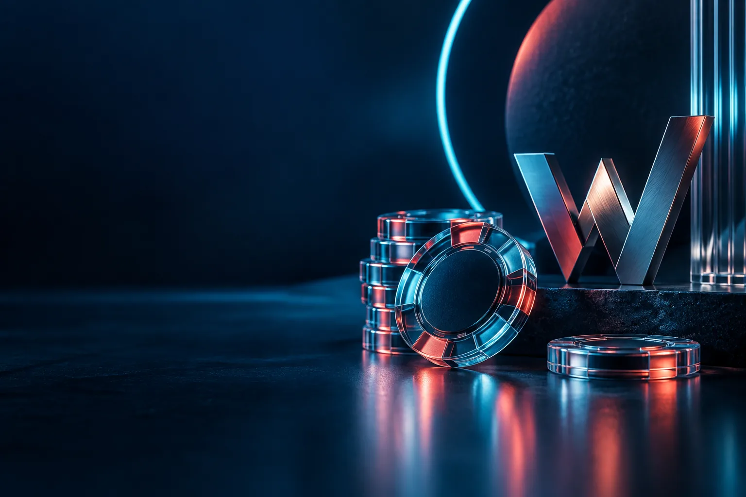 Abstract glass casino chips and a metallic W lit in cyan and coral